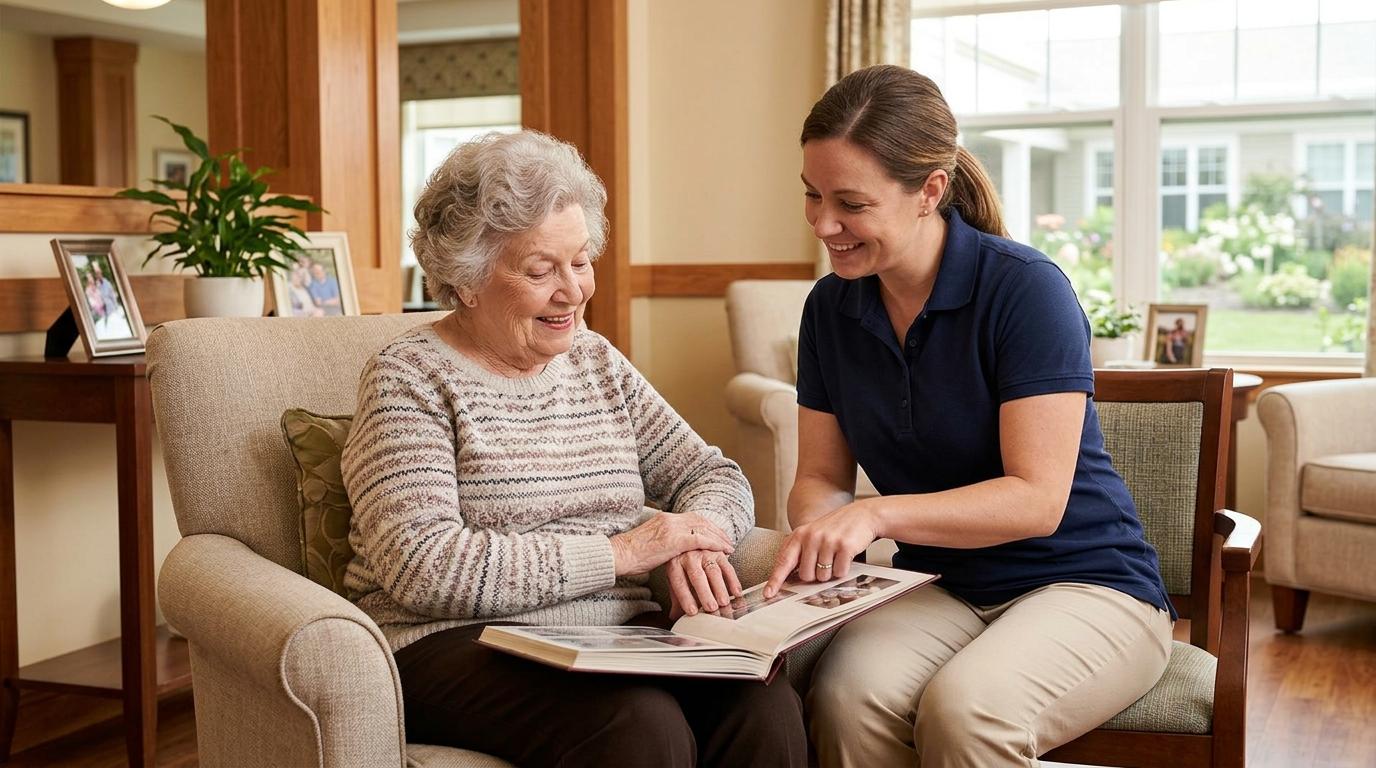 A compassionate caregiver sits with a senior in a warm, welcoming memory care community setting.