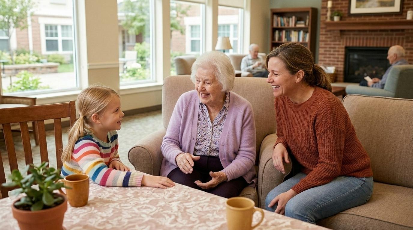 A family shares a warm moment with a loved one during a visit to a memory care community.