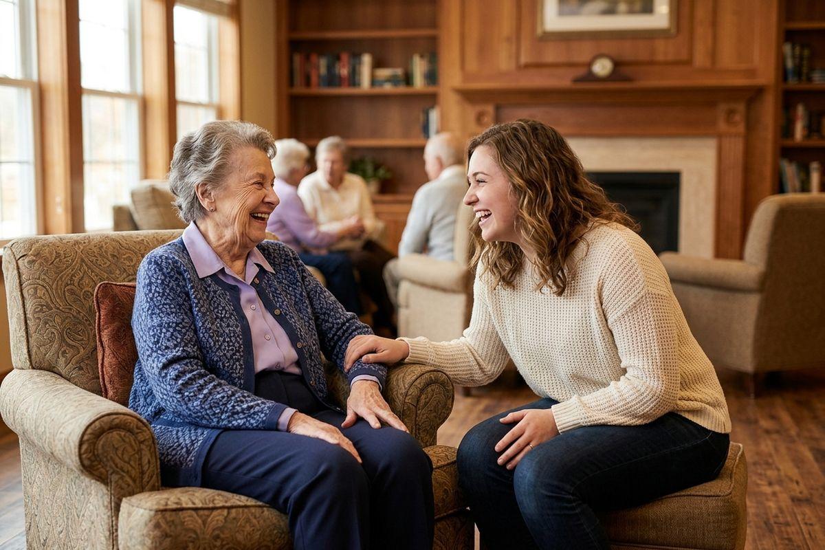 A family member laughs with their senior parent in a memory care community.