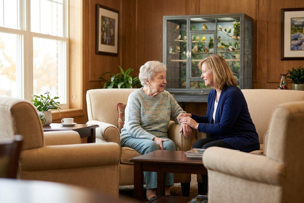 A family member sits and converses with their senior parent in a memory care community.