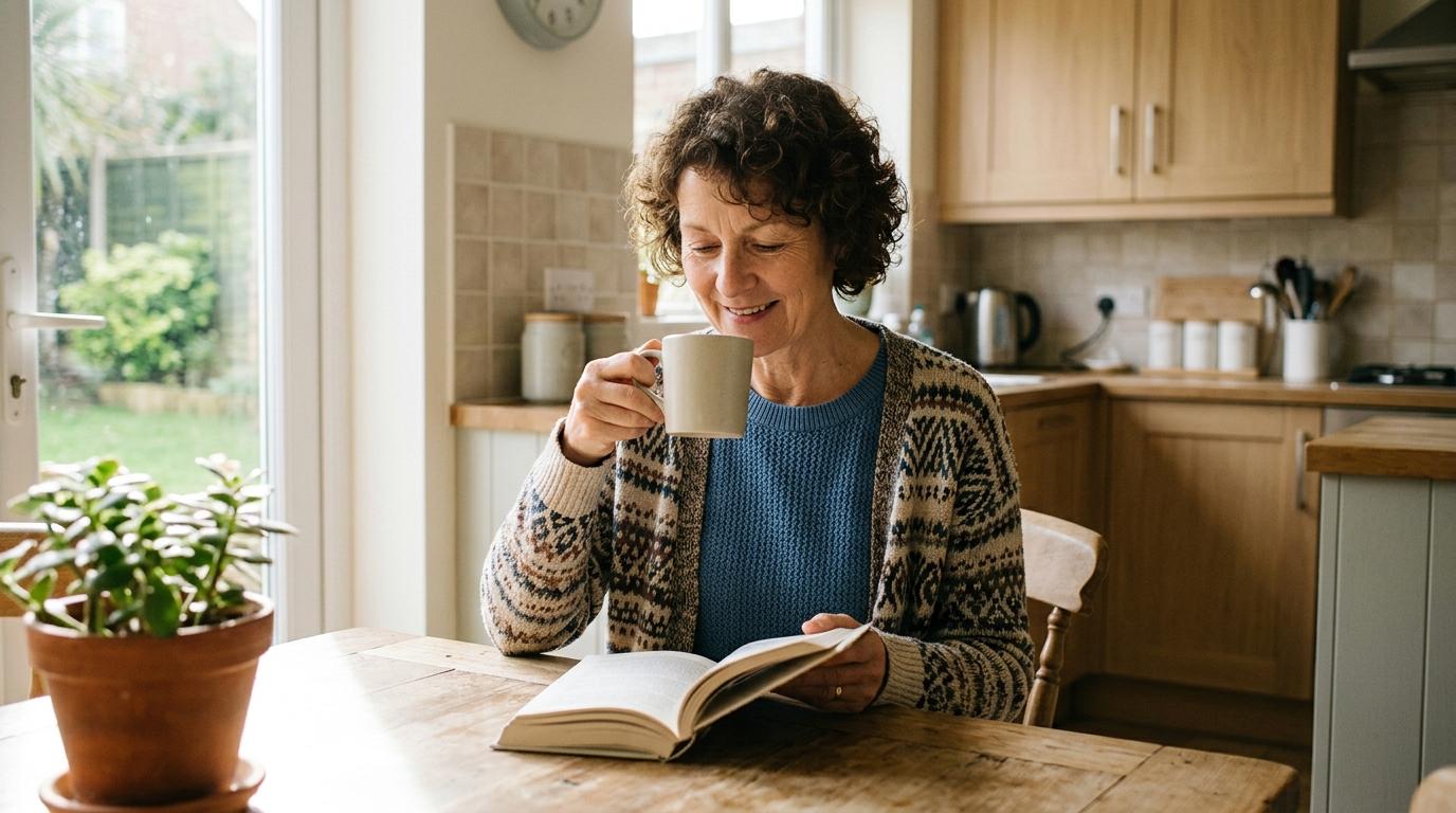 a senior enjoying their morning coffee while reading in senior living suite