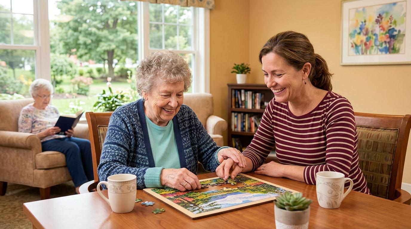 A caring family member and a senior sharing a warm moment together in a bright, welcoming memory care community.