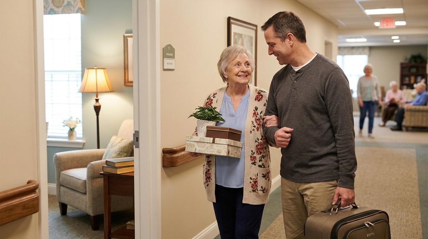 A family member helps a senior move into a senior living community.