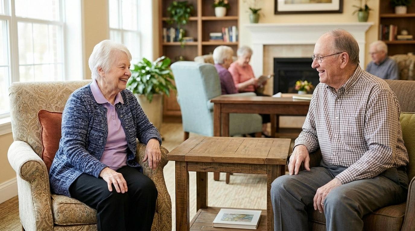 Seniors chatting in a warm senior living common area