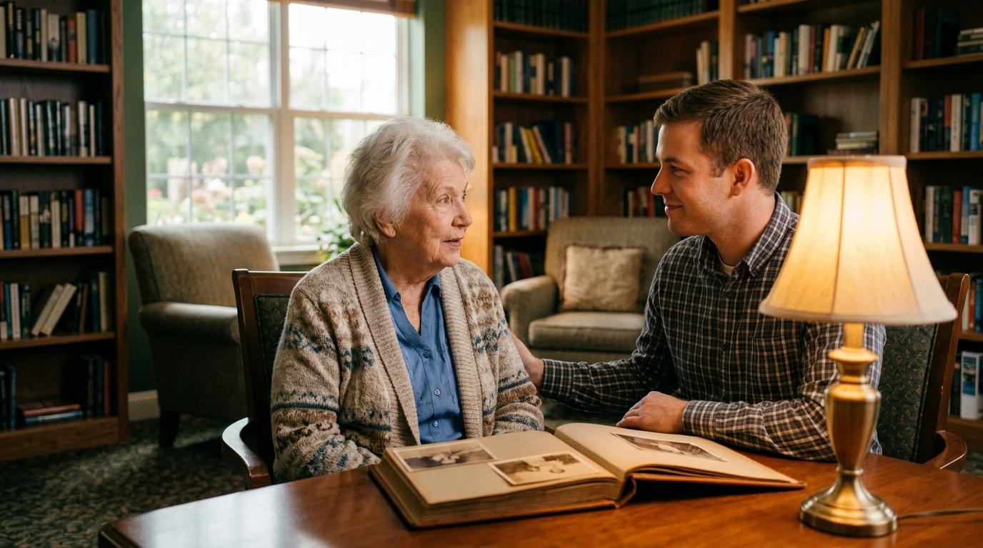 A caring family member and a senior sit together, chatting about cognitive health.