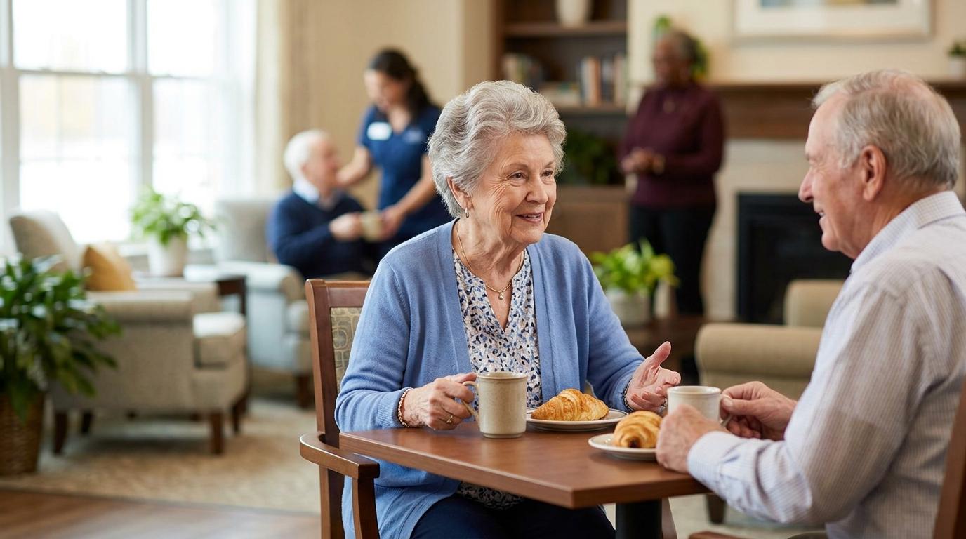 Two seniors enjoy their breakfast during a short-term respite care visit at a memory care community.