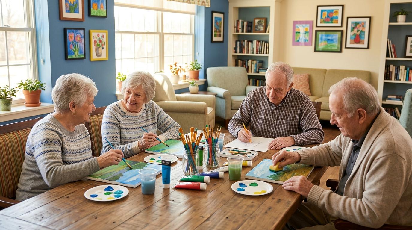 Four older adults in memory care sit around a table and paint canvasses during a scheduled art class.