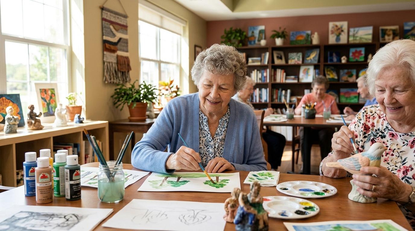 Two older adults paint a canvas and a small statue of a bird together during an art class in memory care.